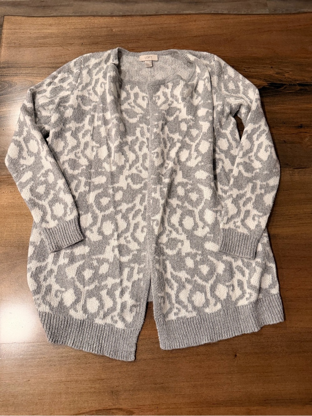 LOFT Gray and Cream Leopard Open-Front Cardigan